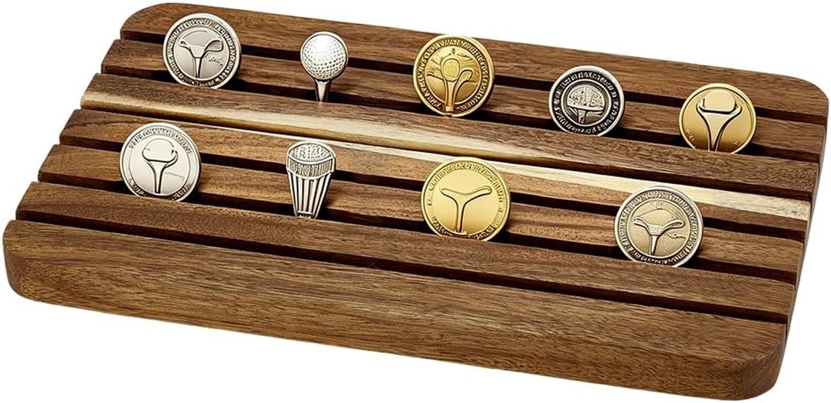 PandaHall 6 vakken golfbalmarkering display grenenhout golfbal marker display behuizing challenge munten standaard ballen markeringen houder poker chip rek voor verzameling opslag geschenk golfer