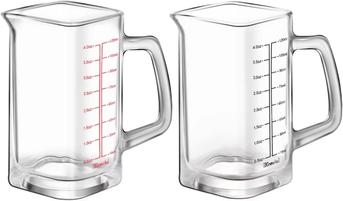 glazen maatbeker, 120 ml, glazen maatbeker met heldere schaal, voor bar, feest, keuken, cocktail, wodka, tequila (rood, zwart)
