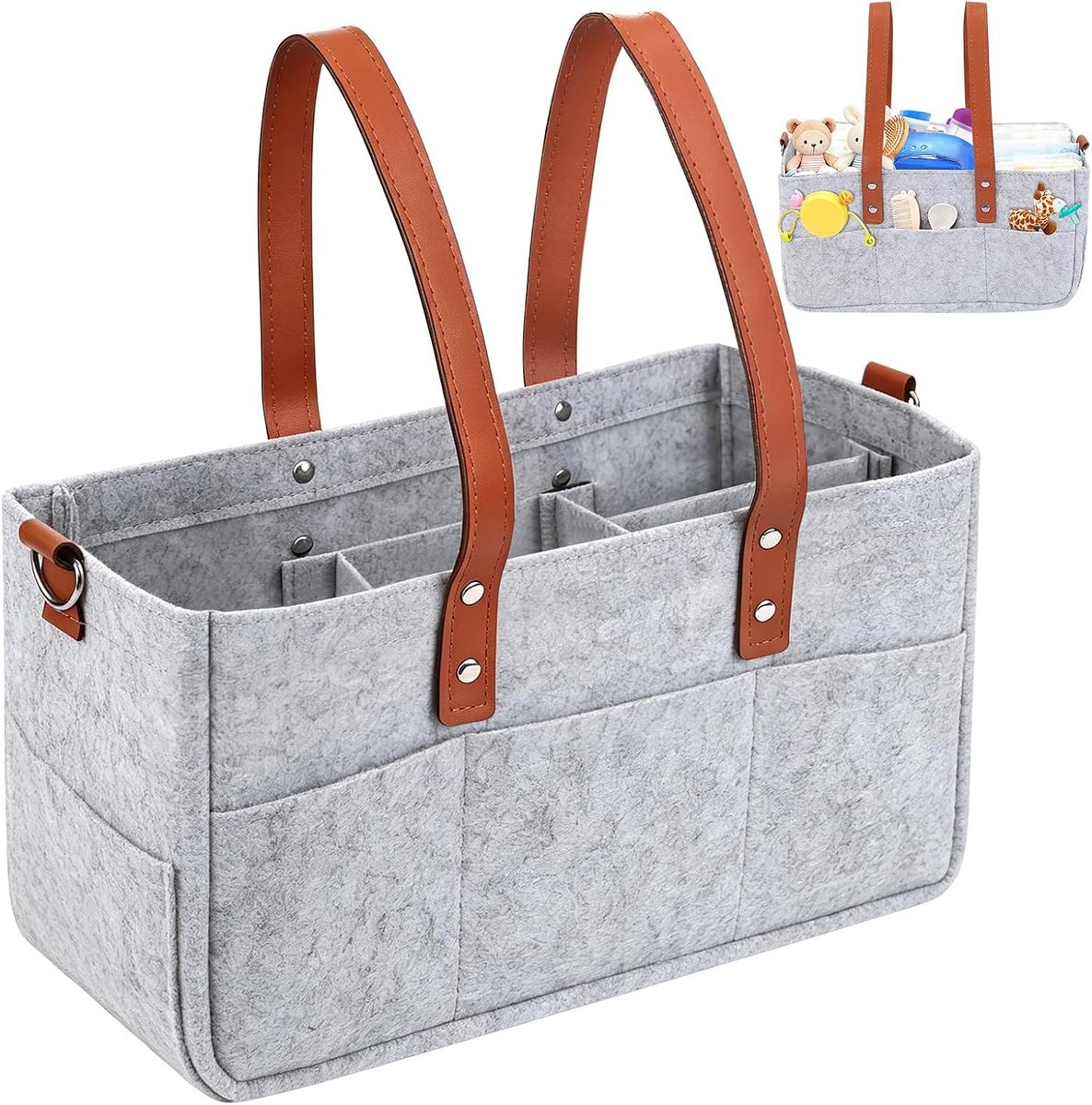 10L vilten boodschappentas met vakken, stevige draagbare vilten shopper | Vilten boodschappenmand/shopper voor uitstapjes in de buitenlucht, boodschappen doen, opbergen, donkergrijs, 33x15x18 cm