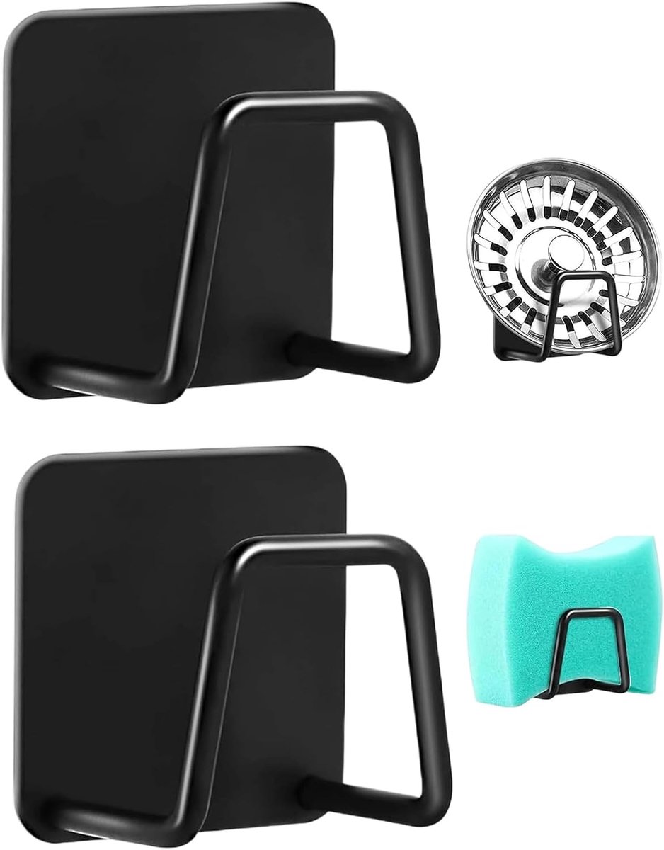 2 stuks, 5 x 5 cm, zonder boren, zelfklevend, 304 roestvrij staal, keukensponshouder, voor spoelbakken en gladde oppervlakken, voor het opbergen en afdruipen in huis
