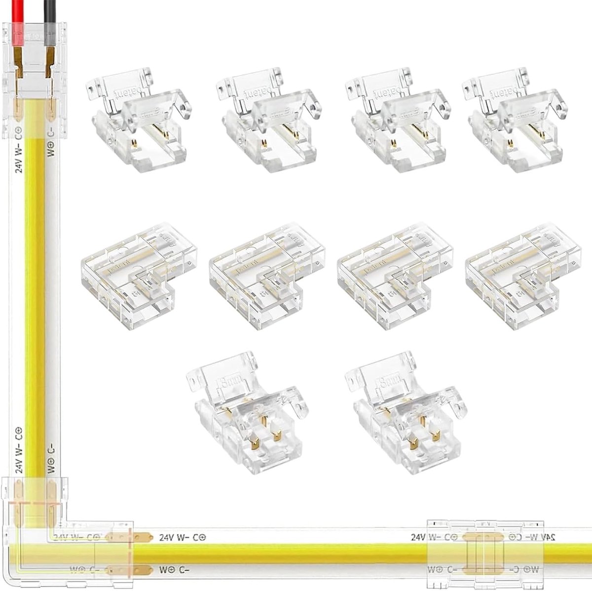 10-delige set COB ledstripverbinders, 2-polig, COB led-connector, 8 mm, L-vormige verbinding, zonder solderen, voor lichtstrips, niet waterdicht, transparant
