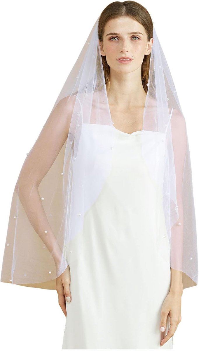 Bruidsluier met Witte Parels Zachte Tulle Wedding Veil met Metaal Kam voor Trouwjurk Bruidsjurk Trouwjapon 6 Lengtes