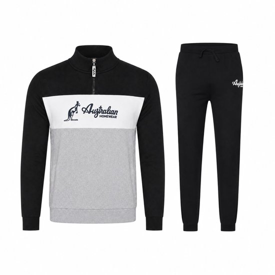 Zwart, wit en grijs colorblock trainingsjack met ritskraag en een kangoeroe-logo met 'Australian Homewear'.