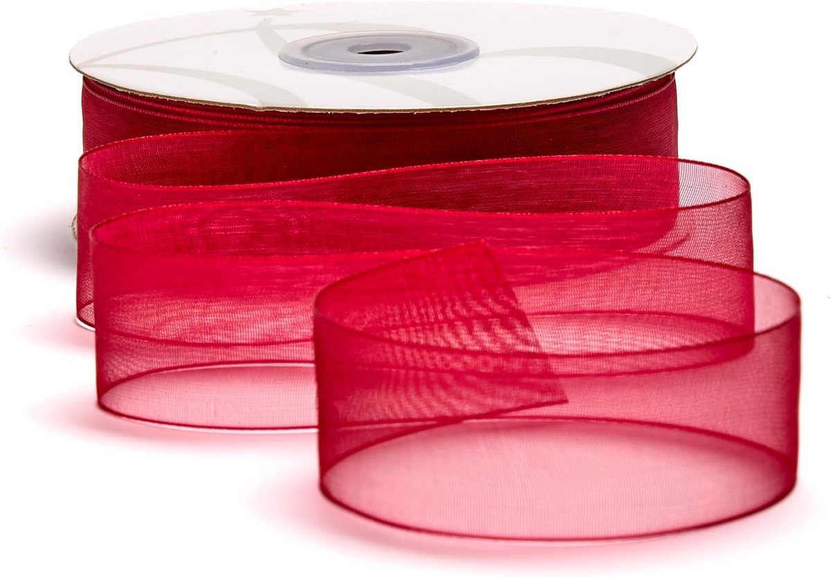 Organza lint 25 mm x 50 m, transparant, voor gastgeschenken, feesten, knutselen, bruiloft, verjaardag, handwerk, Kerstmis, decoratie (bordeaux)