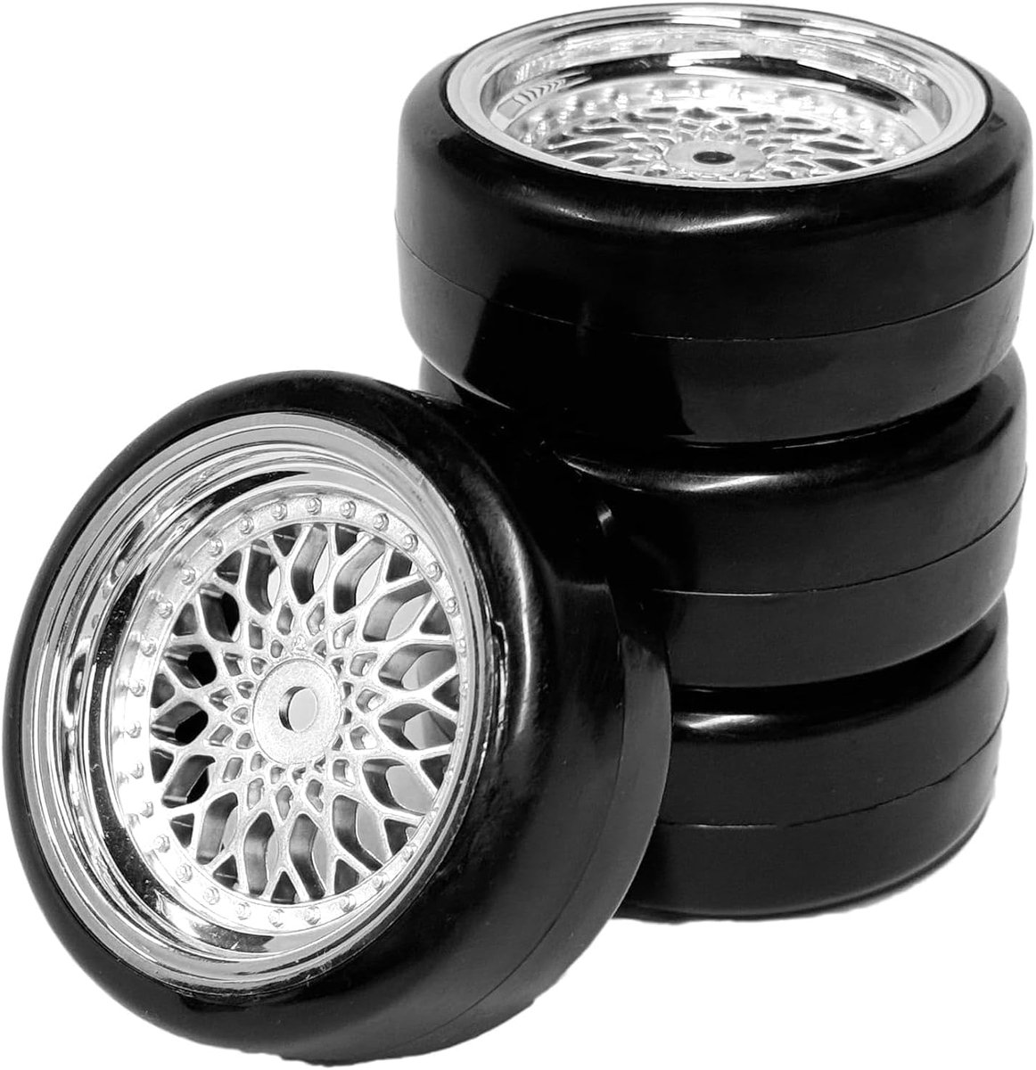 RC Drift Autobanden en velg, 63 mm, RC-harde banden, drift kunststof coating, wielvelgen voor 1:10, RC On Road Run-Flating Racing Car voor Tamiya HSP HPI Kyosho (zilver, offset: 6 mm)