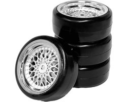 RC Drift Autobanden en velg, 63 mm, RC-harde banden, drift kunststof coating, wielvelgen voor 1:10, RC On Road Run-Flating Racing Car voor Tamiya HSP HPI Kyosho (zilver, offset: 6 mm)