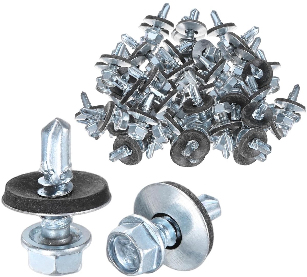 Zelfborende schroeven met rubberen ring M5,5 x 19 mm, van verzinkt koolstofstaal, zeskantkop, voor metalen daken, bekledingsplaten, staalconstructies