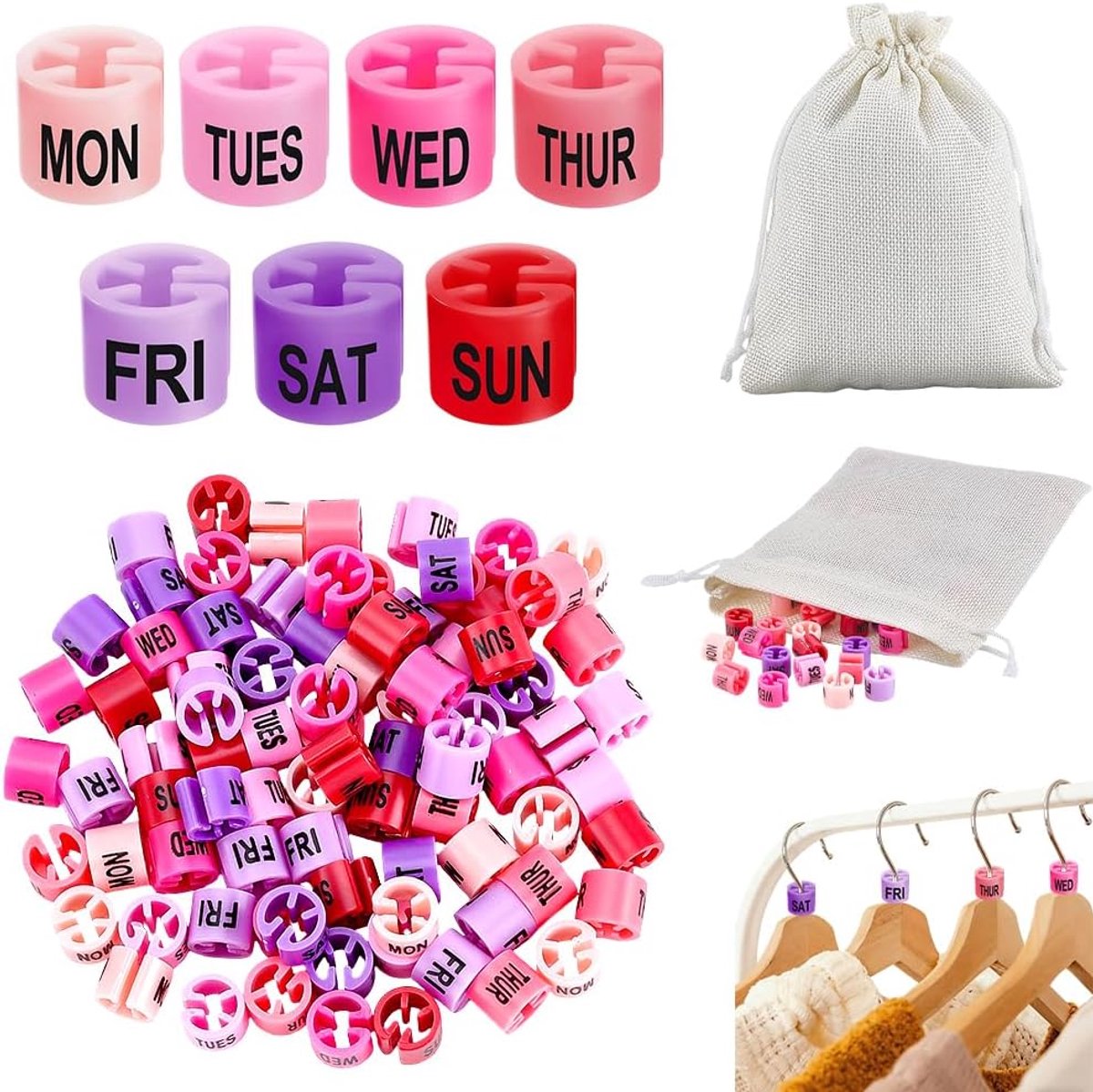 craspire 84 stuks maatmarkers voor kleerhangers, 7 kleuren, weekmarkers voor outfits, rood, gekleurde maatmarkeringen van kunststof, voor kleerhangers, kleurcoderingsmarkers