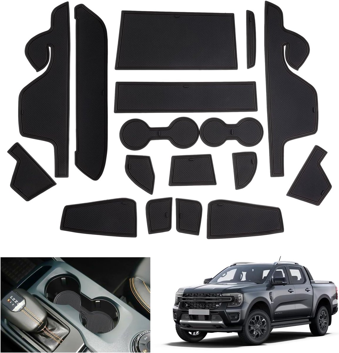 Antislipmatten, Ranger Raptor Wildtrak Rubberen Matten, Middenconsole, Deurnaad, Ranger 2024, Zwart