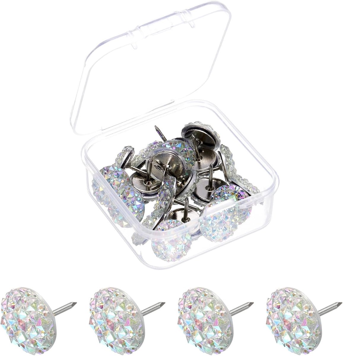 Punaises, 12 mm x 13 mm, glanzend, diamant, voor bord, kurk, prikbord, wanddecoratie, transparant/zilver