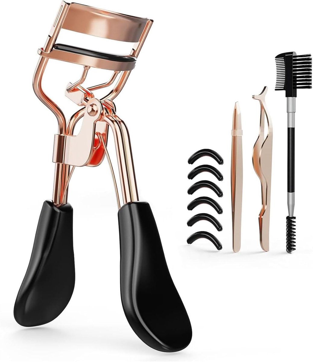 Wimperkruller voor Lift en Krul, Professioneel Roestvrijstalen Make-up Wimpertool Wimperborstel Wimperkam met Ergonomische Handgreep & 6 Vervangingskussentjes voor langdurige resultaten