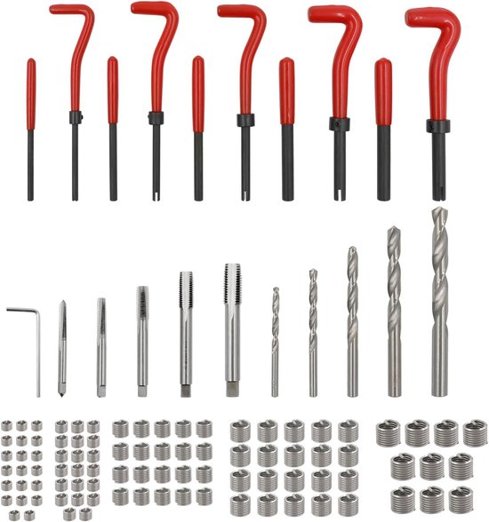 131-delige schroefdraadreparatieset, schroefdraad-reparatieset, gereedschap met M5, M6, M8, M10, M12, inzetstukken, hulzen, draadinzetstukken, schroefdraadboor — afbeelding 2