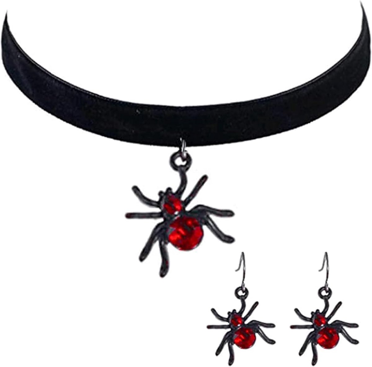 Halloween halsketting oorbellen sieradenset gothic zwarte choker met rode zirkonia hanger spin halsketting oorbellen set kostuumaccessoires voor heks vampier carnaval themafeest