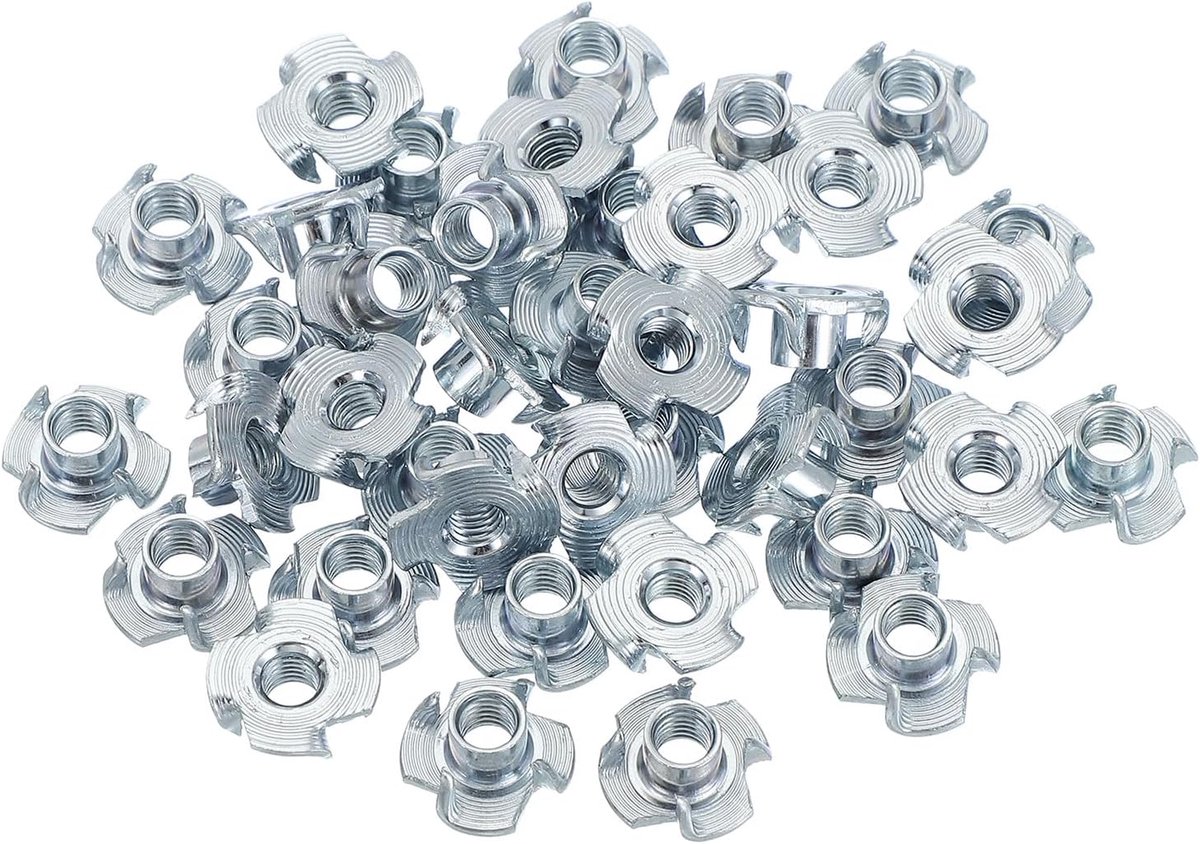 T-moeren M5, 60 stuks, T-groeven, verzinkt staal, 4 klauwen, lengte 6 mm, schroefdraadinzetstukken voor houten meubels, kasten, klimgrepen