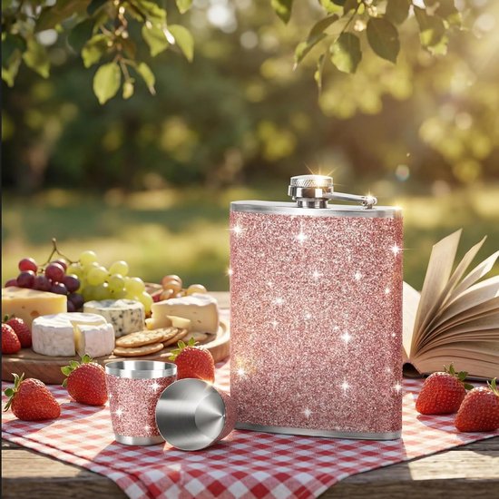 roestvrij staal, heupfles, roze glitter met trechter en 2 kleine kopjes, lekvrij, draagbaar, heupfles, roze geschenken voor vrouwen, voor reizen, outdoor, feest, camping, cadeau, 220 ml — afbeelding 2