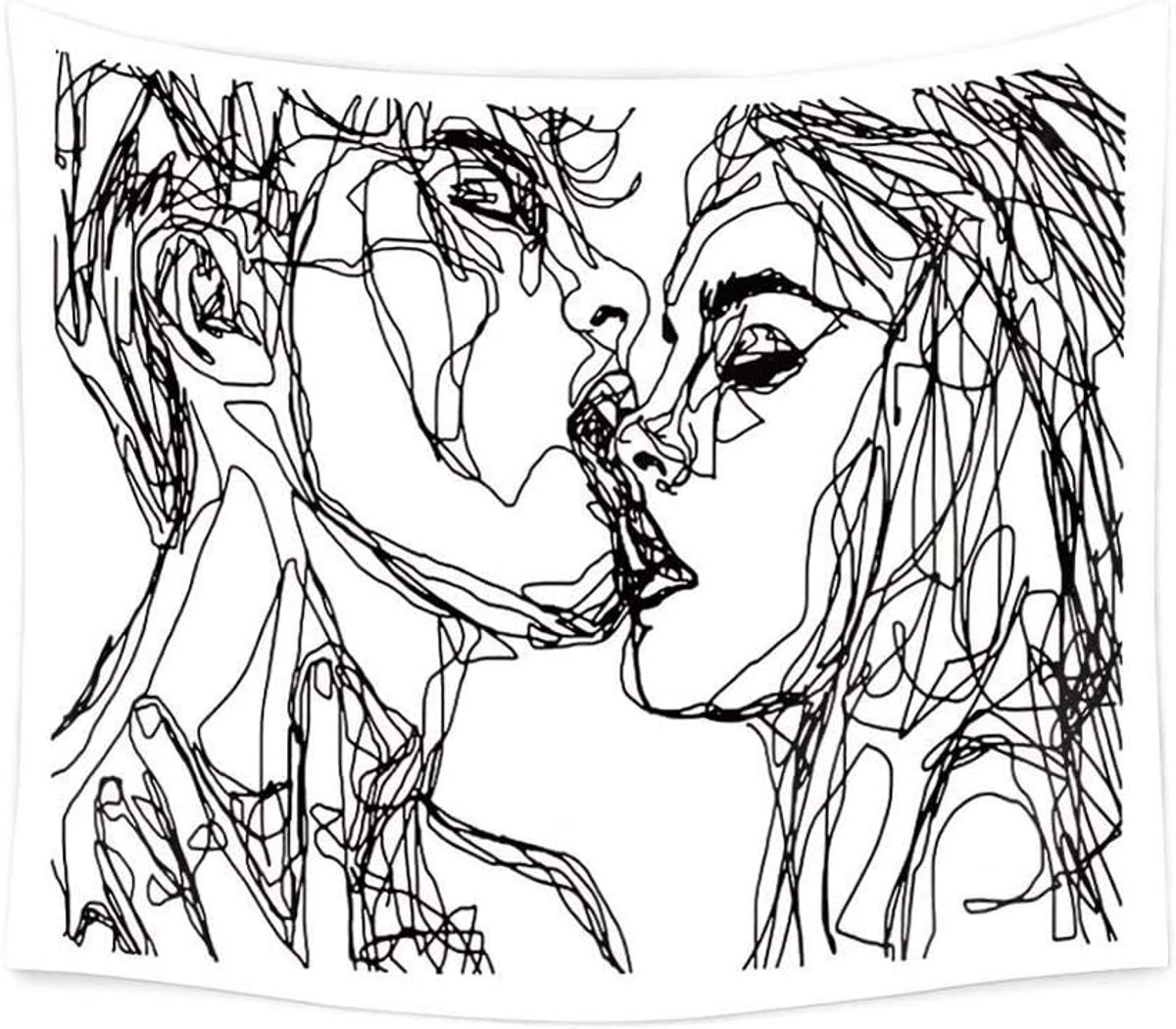 Vrouwen/mannen abstracte schets kunst kus liefhebbers wandtapijt / kussen tapijt muur opknoping zwart en wit lijn kunst tapijt, strand gooien (RB-K-2) (B: 59 inch H:51 inch)