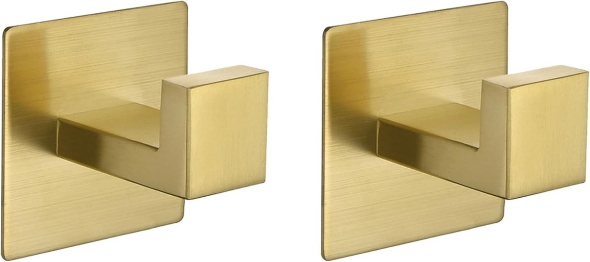 Vierkante wandhaak SUS 304 roestvrij staal douchehaak handdoekhaak kledinghaak garderobehaken deurhaak keuken badkamer accessoires zelfklevend zonder boren, geborsteld goud - 2 haken