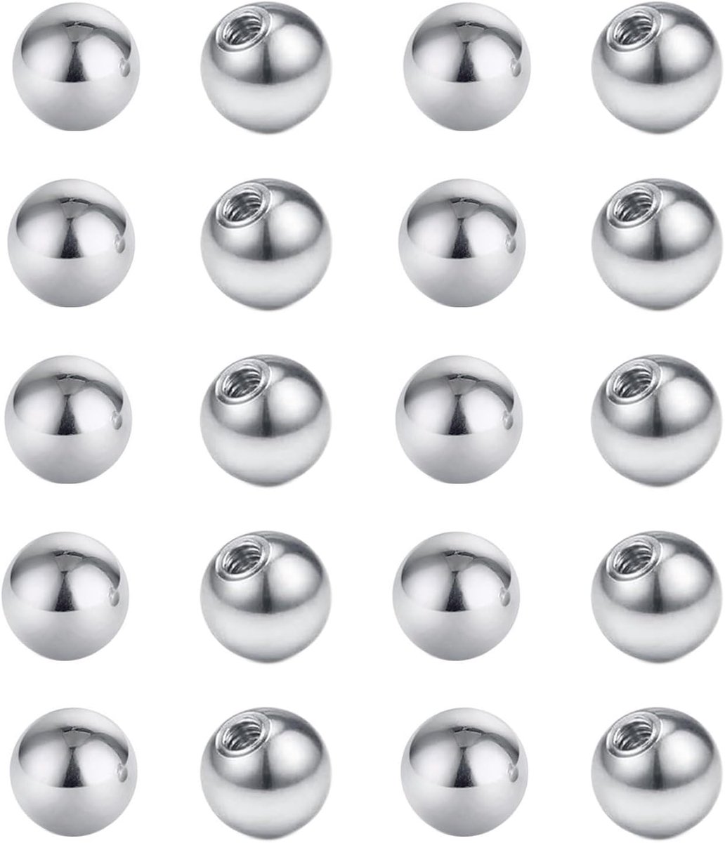 Set van 25 piercingballetjes, 1,6 mm, zilver, reserveballetje, roestvrij staal, schroefballetje, 4 mm, 5 mm, 6 mm, voor piercing, neus, navel, tongen