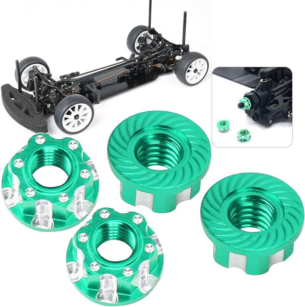 4 stks M4 Zeshoekige Noten 9mm RC Wielnaaf Adapter Moer Anti-Stofkap voor D3 D4 1/10 RC Auto Vervanging(groen)