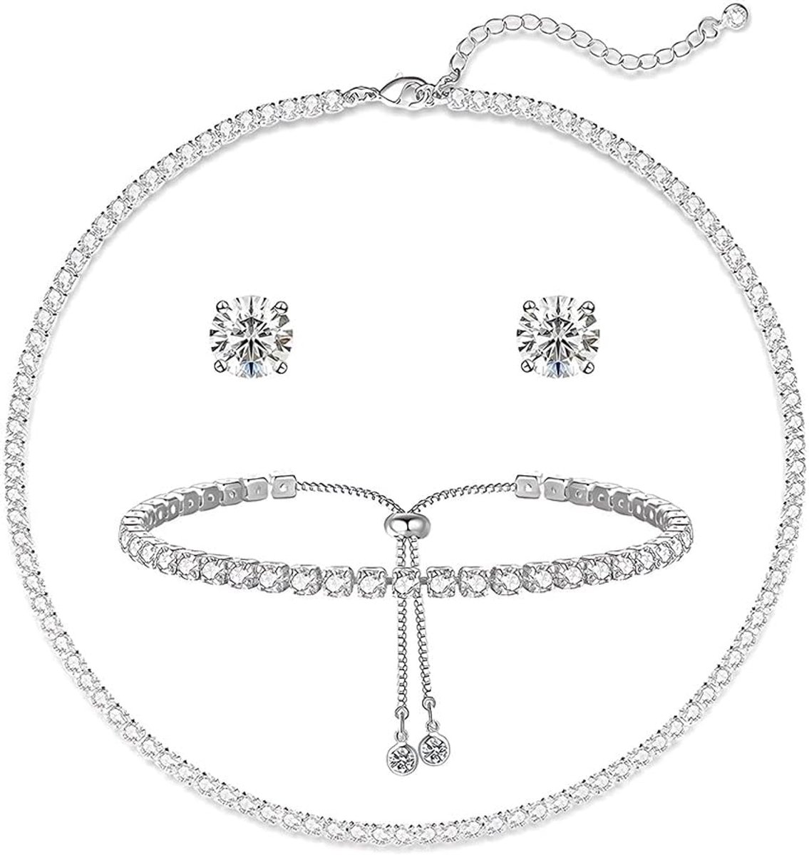 Sieradenset voor dames, tennisketting, armband en oorbellen, verstelbaar en elegant, voor feesten, bruiloften en evenementen