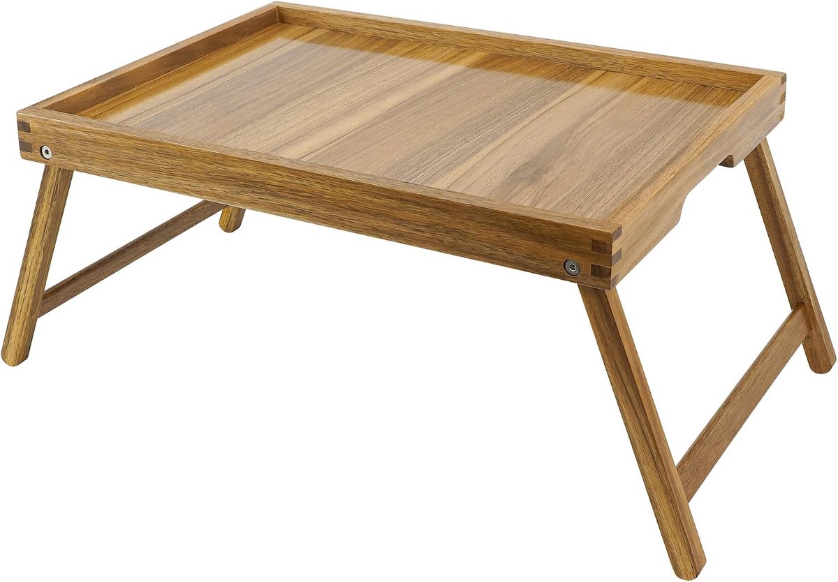 Acacia Bed tafelblad, houten ontbijtdienblad met inklapbare poten, bedlade voor eten en laptop, eetbakjes voor slaapkamer