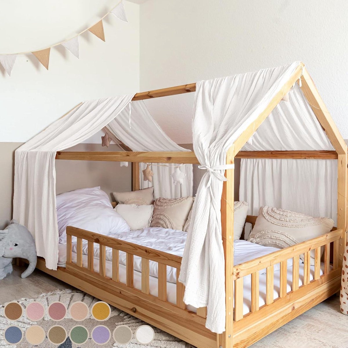 Huisbed Hemel - Bedgordijn Kinderbed - Kinderkamer Decoratie - 100% Katoen Mousseline - 135x270 cm - Roze