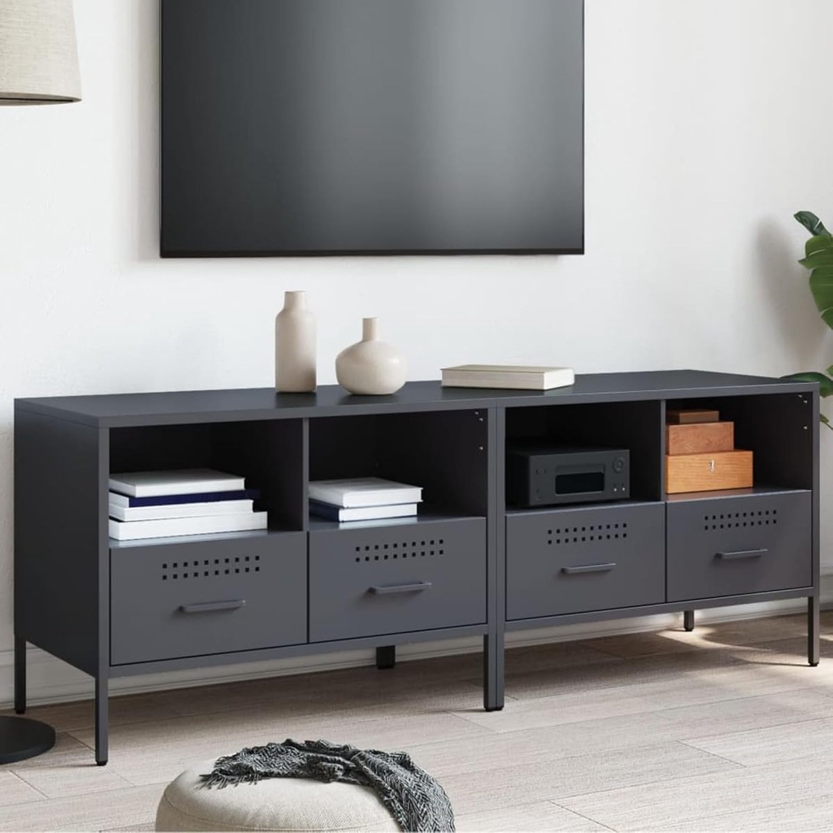 2 stuks, antraciet, stalen meubels, 68 x 39 x 50,5 cm, met 2 vakken en 2 laden, ideaal voor tv-zones in de woonkamer