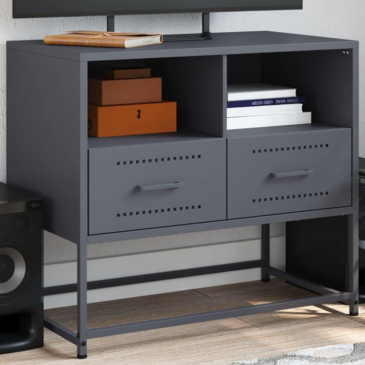 Staal antraciet 68 x 39 x 60,5 cm met open vakken en laden - industrieel design voor woonkamer
