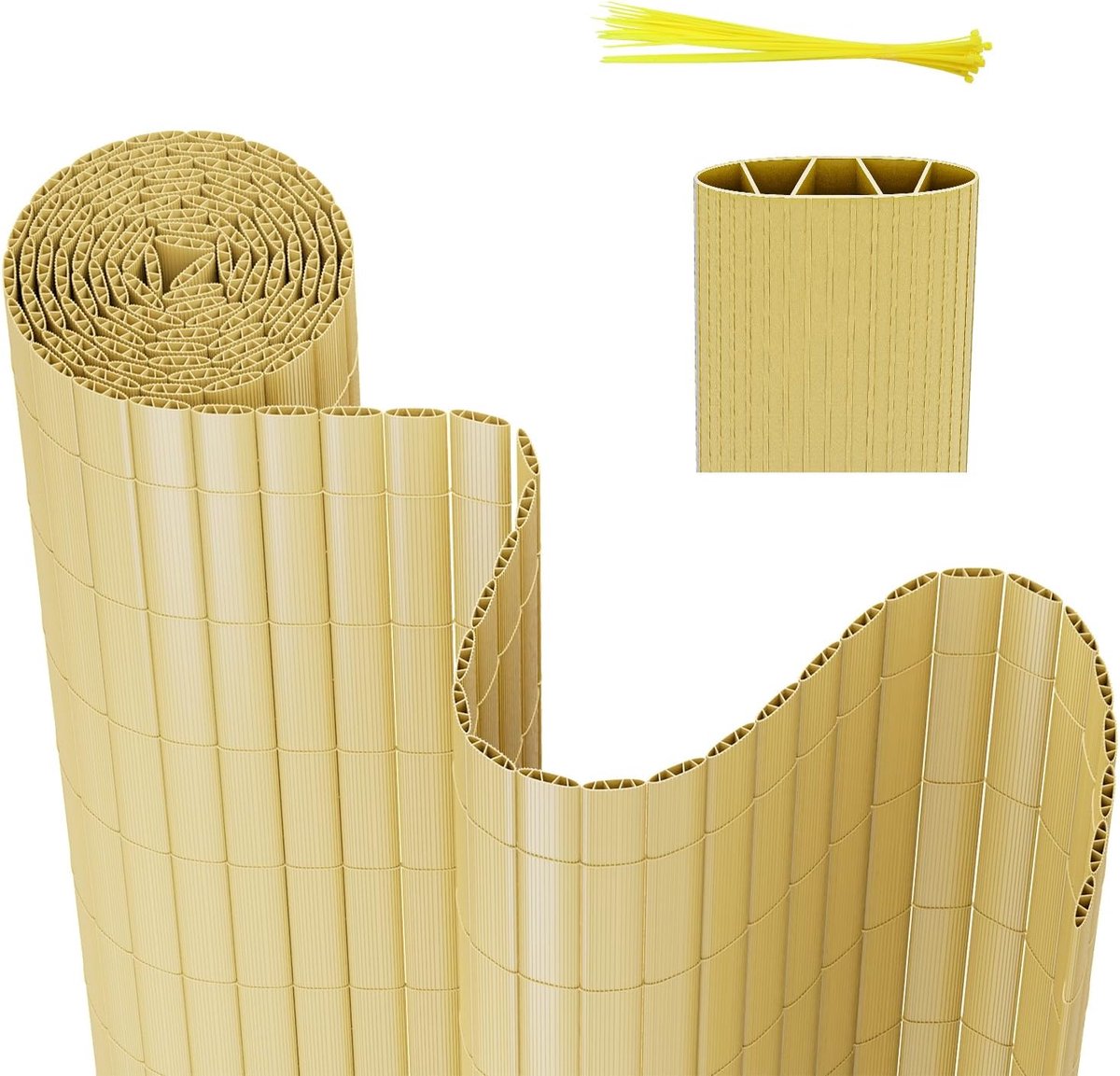 Pvc-inkijkbeschermingsmat, inkijkbescherming, W-structuur, versterking, binnen, balkonbekleding, standaard, inkijkbescherming, windscherm zonder boren, voor balkon, tuin, 80 x 600 cm, bamboe