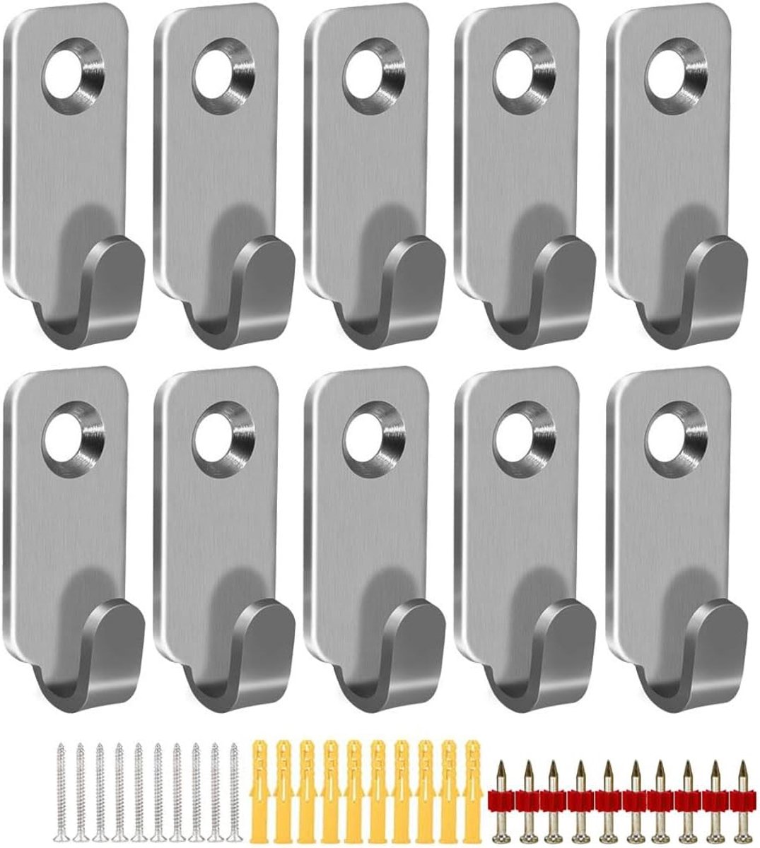 Set van 10 metalen muurbevestigingshaken, 304 roestvrijstalen mini-J-haak voor het ophangen van fotolijsten, spiegel, draad (zilver)