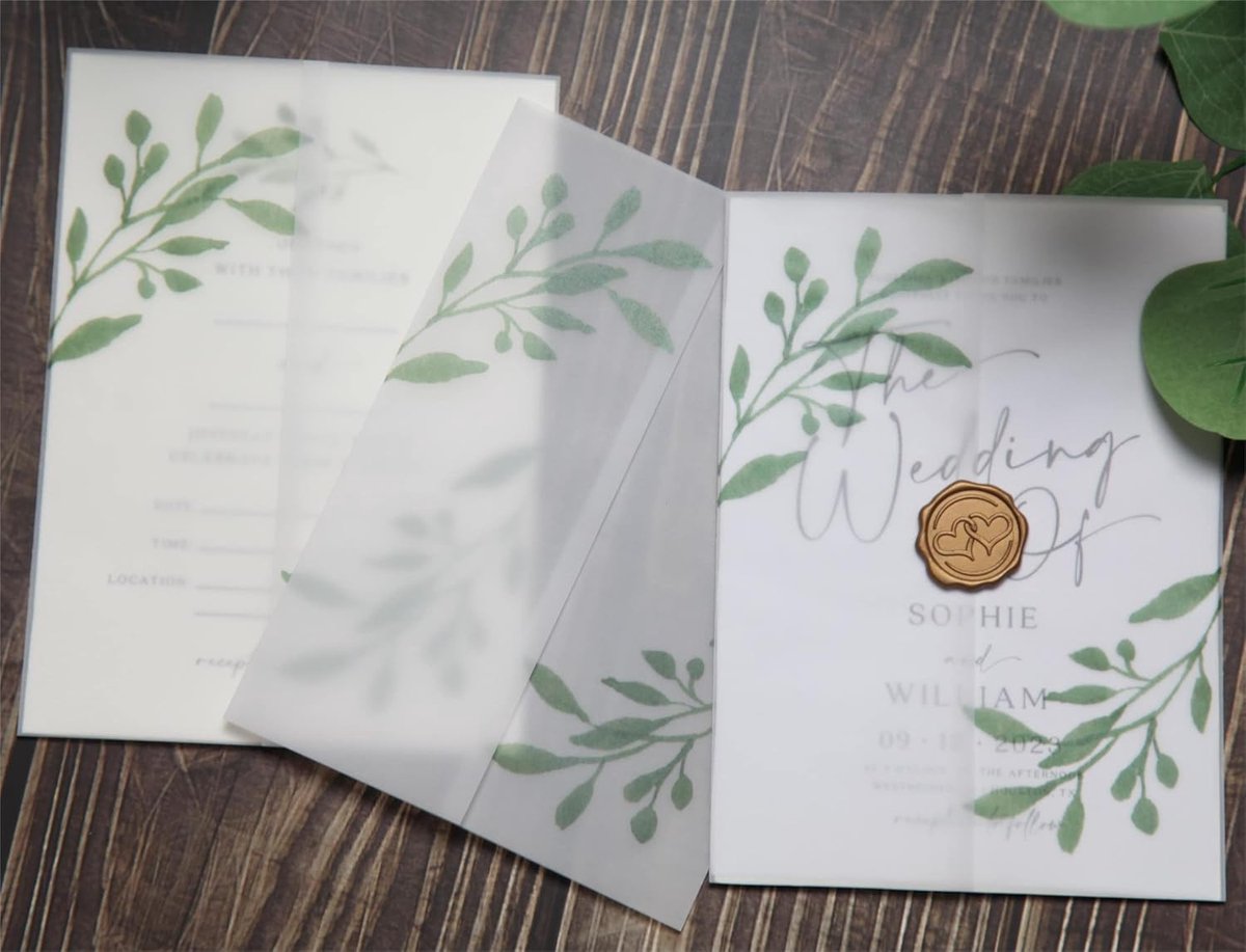 50 Pack Eucalyptus Groen Gedrukt Voorgevouwen Vellum Jassen voor 5x7 Uitnodigingen - 105GSM Vellum Papier 5x7 Jassen - Vellum Bruiloft Uitnodigingen Wraps - Transparant Bruiloft Uitnodigingen