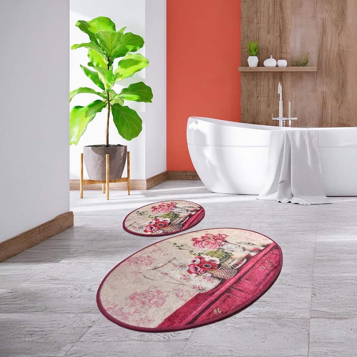 Badmat set 2-delig - vintage ovaal - waterabsorberend - comfortabele en antislip vloerbedekking - SnelShoppen
