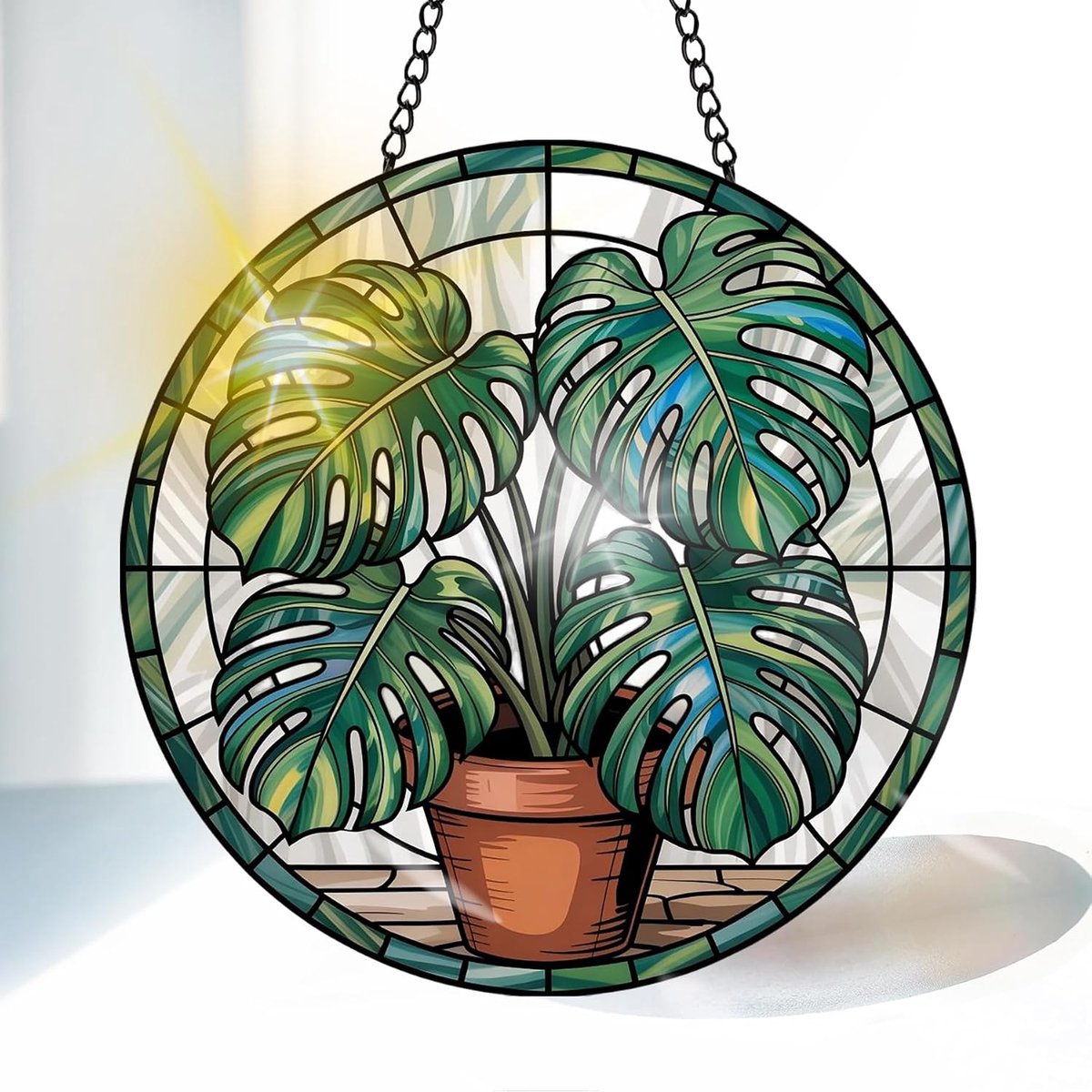 Monstera-blad Gekleurde Glas Zonnevanger 20 cm, Decoratief Plant Glasraam Ornament met Ketting en Ophanghaak, Raamdecoratie voor Venster, Woonkamer, Tuin of Balkon, Cadeau Idee