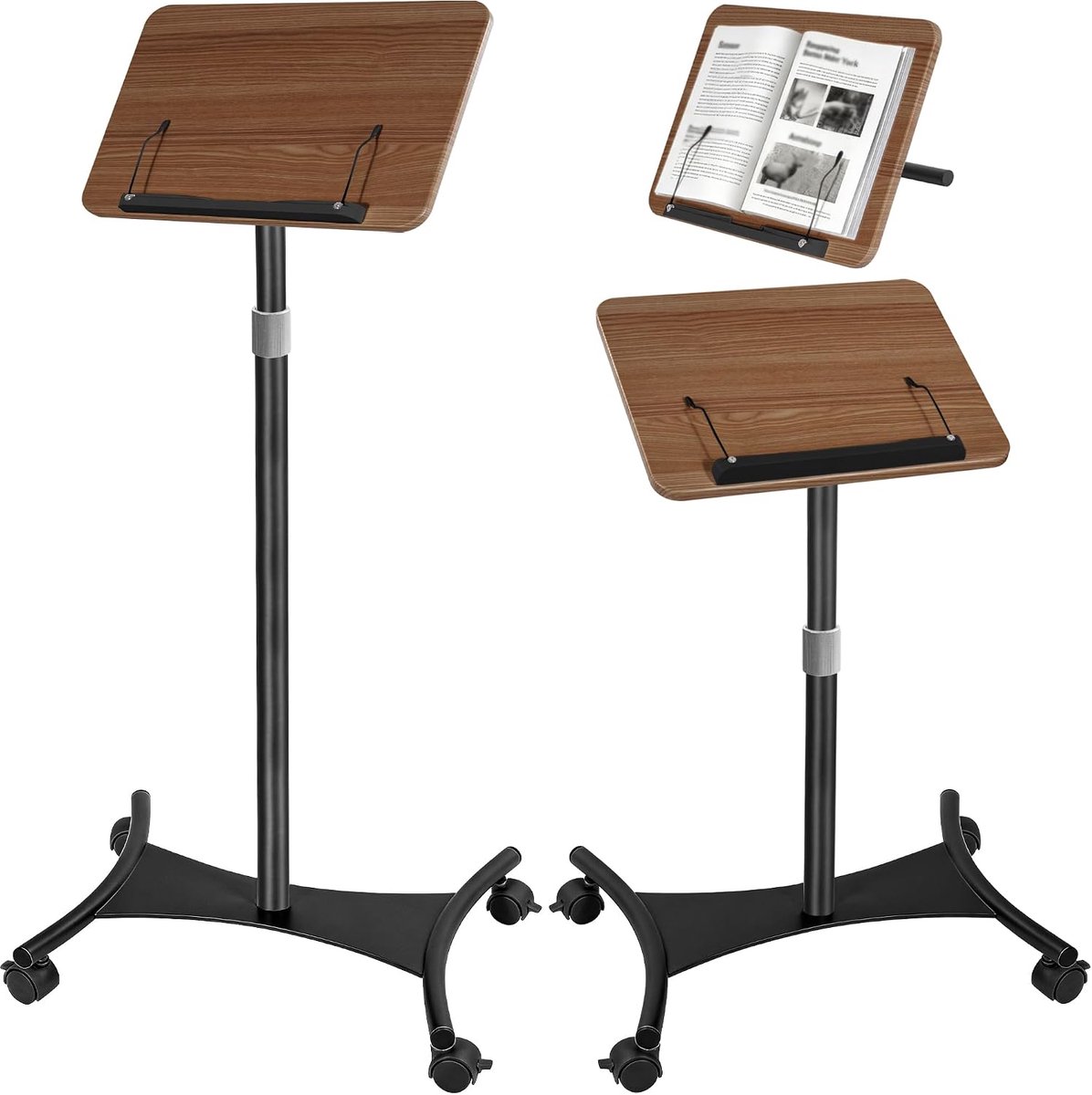 hoogte verstelbare 50 tot 170 cm staande leesstandaard, vloerleesstandaard met wielen, houten boeklezing met paginahouders, draagbaar tablettafel voor boek, laptop en recepten (zwart)