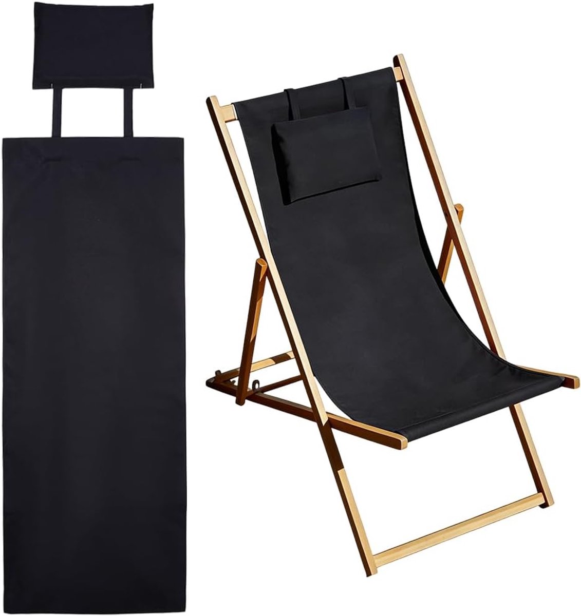 Doek voor strandstoel, 146 cm x 43,2 cm, loungestoel, vervangende canvas zwarte slingerstoelen, vervangende stof met kussen voor zonnebaden binnenplaats tuin strand