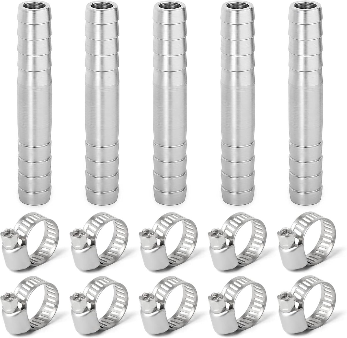 5 Stuks 10mm roestvrijstalen rechte slangpilaar, 2-weg I-vormige SUS 304 slangfitting met 10 Stuks klemmen