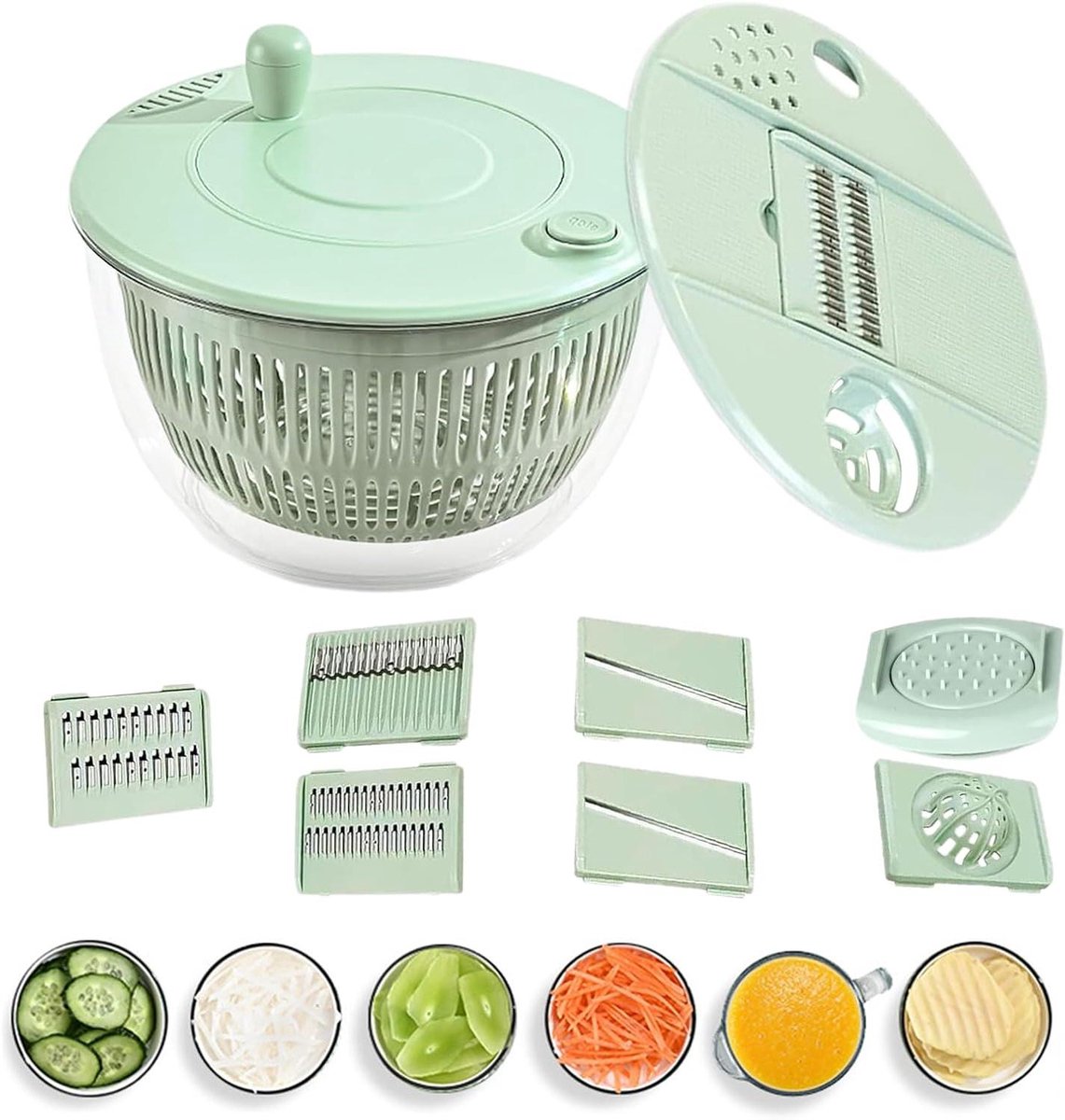 Slacentrifuge met snijmachine - Keukengadget - Maaltijden Voorbereiden - Multifunctioneel apparaat - 24.5 x 24 x 18 cm - Lichtgroen