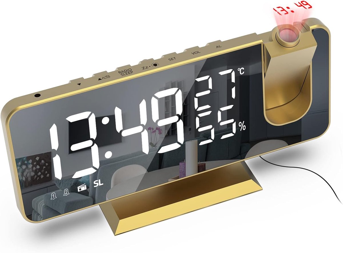 Digitale wekker met projector - 7,5 inch LED spiegel display - FM radio - ideaal voor helder tijdsbeeld - ShopVlot