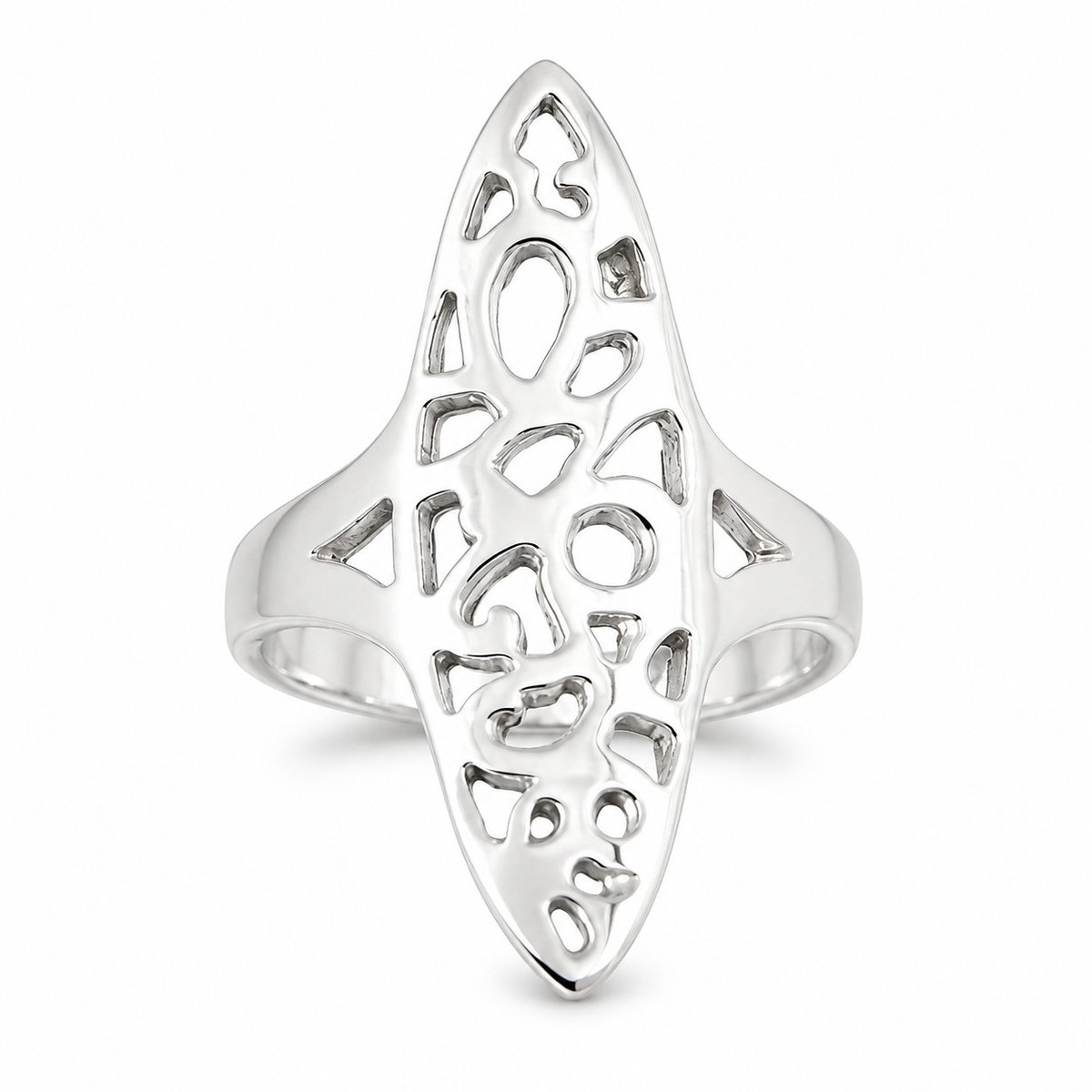 Damesring 925 Sterling Zilver – Langwerpige Opengewerkte Statement Ring – Maat 18.5 mm - Sierlijke Filigraanring met Motief – Zilveren Ring voor Dames