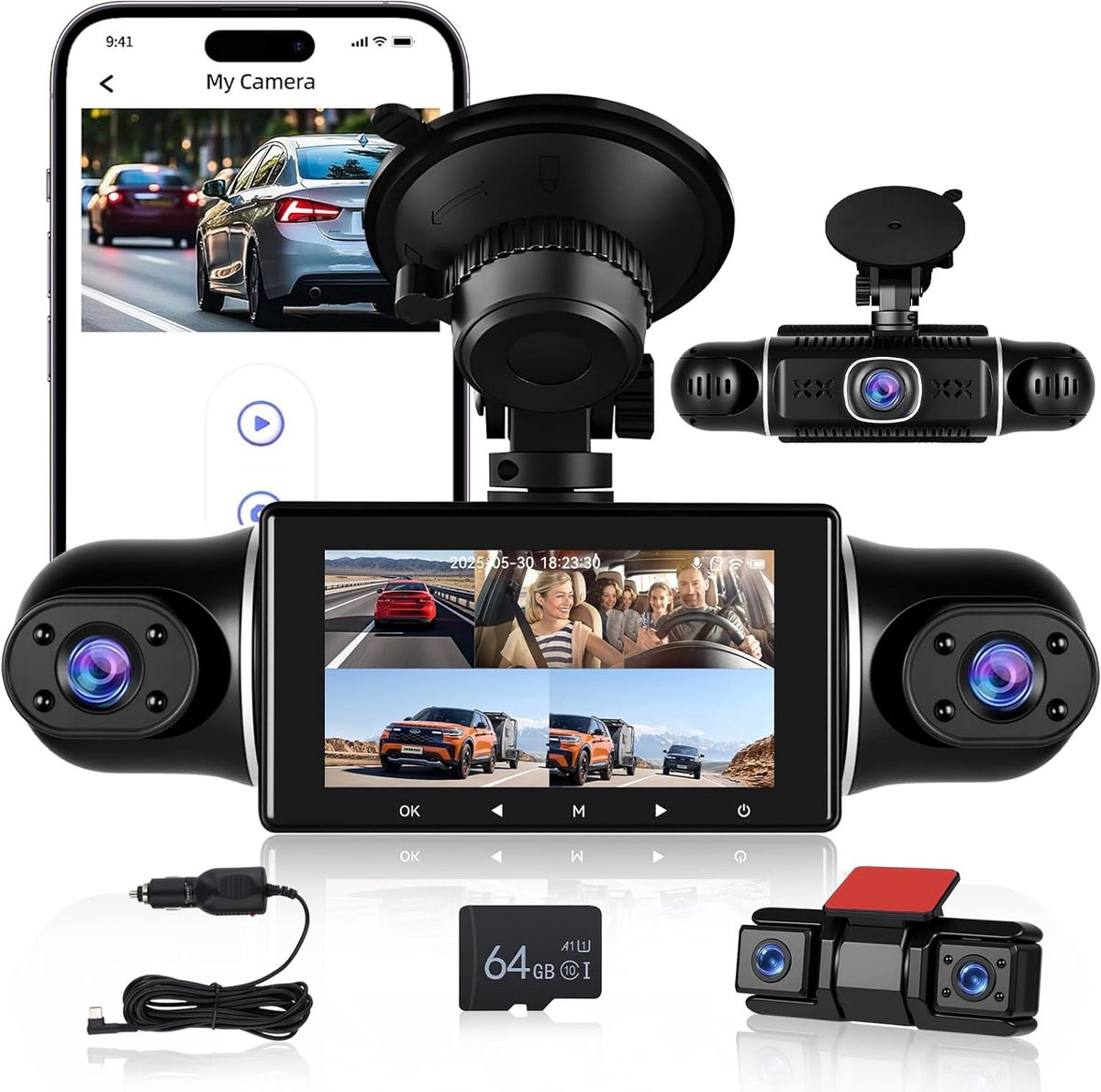 Dashcam 360° 5-kanaals 1080P - Voor- en achtercamera's - G-sensor en nachzicht - Verhoogt rijveiligheid - ShopVlot