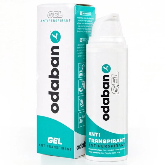 Odaban gel antitranspirant 50ml flesje en doosje. De gel is transparant. Tekst: GEL ANTITRANSPIRANT.