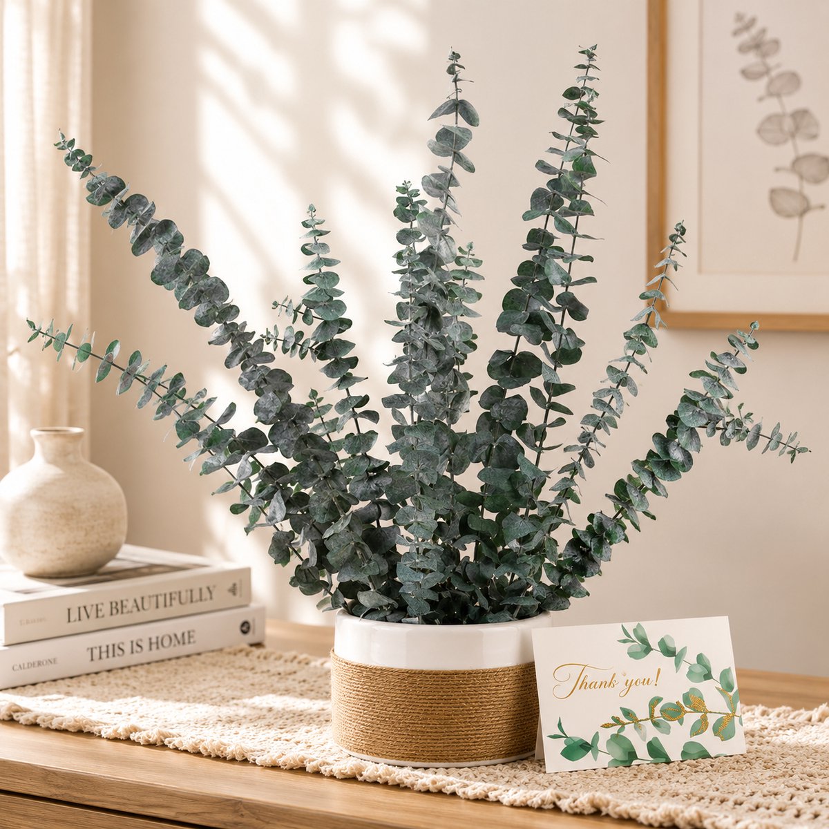 10 Stuks Gedroogde Eucalyptus Takken + Wenskaart, 40 cm, Natuurlijke Droogbloemen voor Bruiloft en Woondecoratie