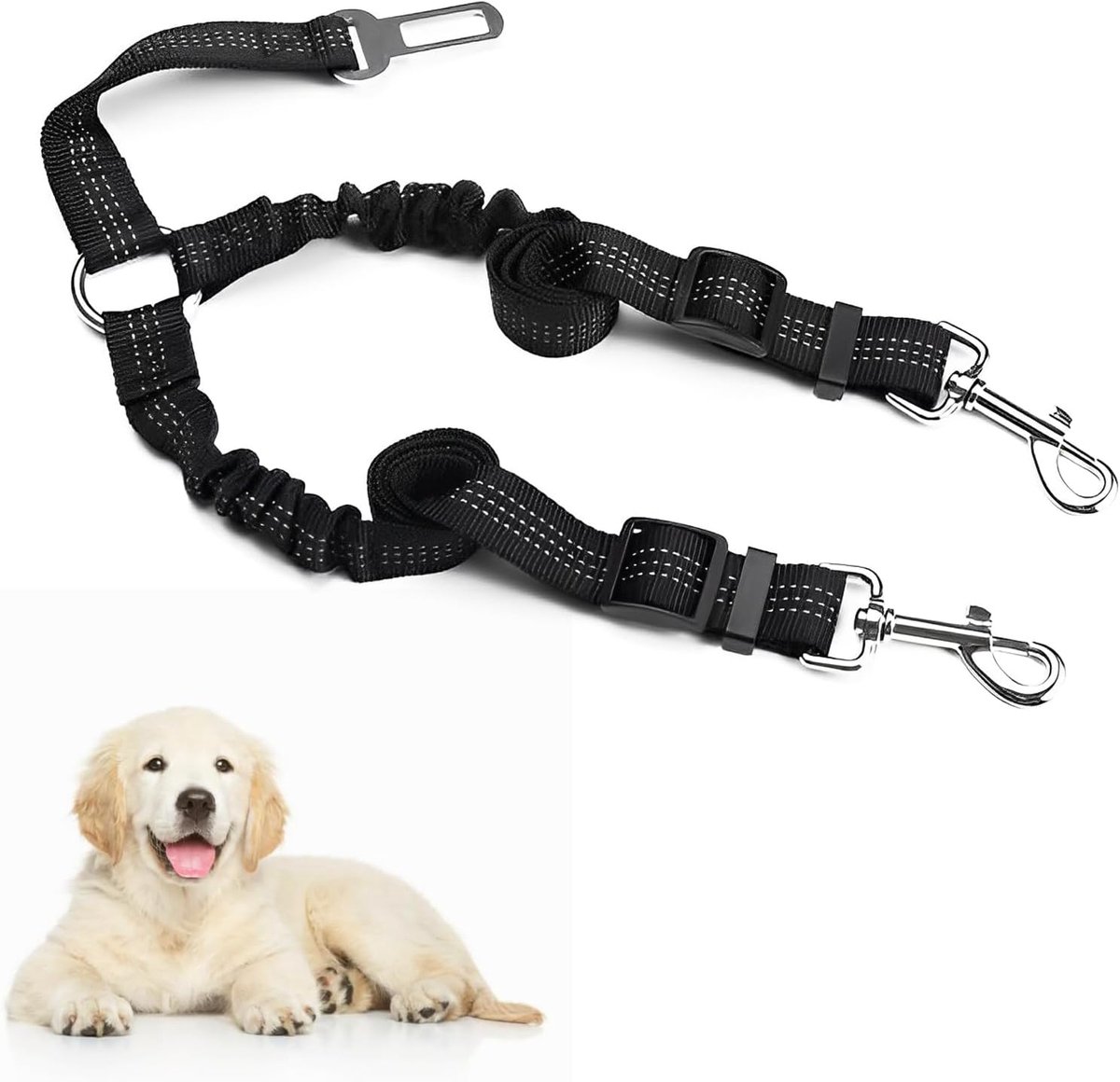 Honden autogordel dubbel - verstelbaar elastisch - reflecterend nylon - veilig reizen met 2 honden - ShopVlot