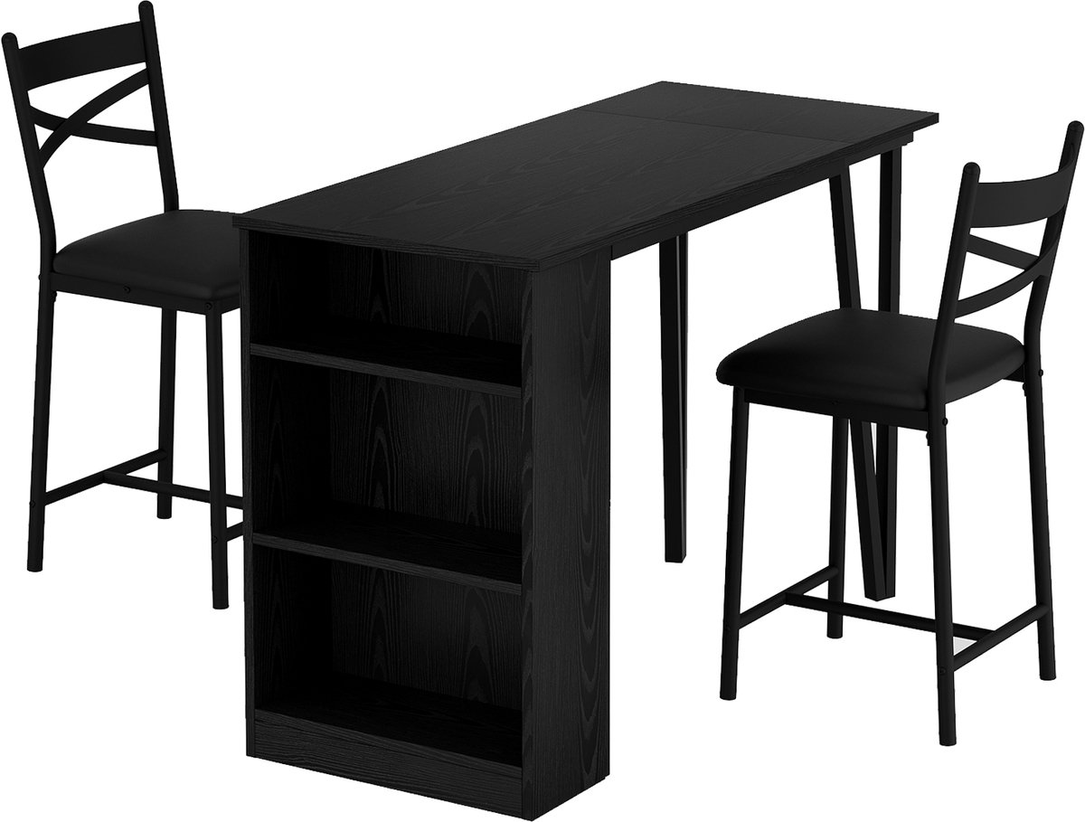 Ruimtebesparende 3‑delige tooghoogte eettafelset voor 2 personen – uitschuifbare bartafel met draaibare bovenkant en 3‑laags opbergschap – 2 PU‑beklede barkrukken, ontbijthoek pub‑ / bistroset