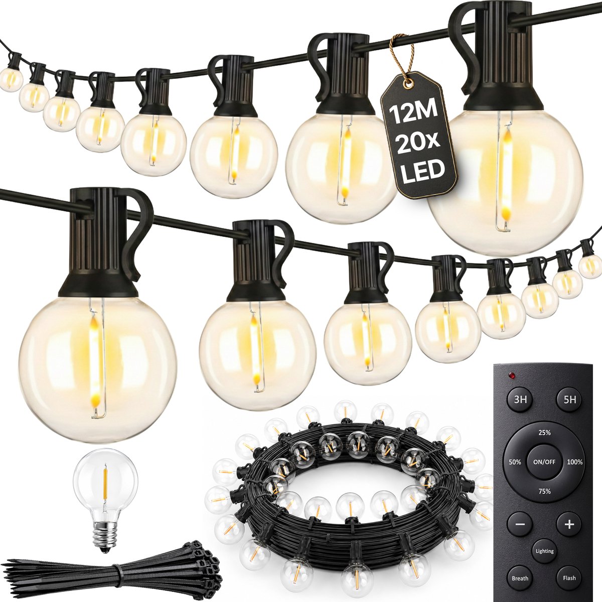 Aurae Buitenverlichting 20 LED - 12 m - Lichtsnoer Buiten en Binnen - Prikkabel met Afstandsbediening - Dimfunctie - Timer - Lichtslinger - Sfeerverlichting