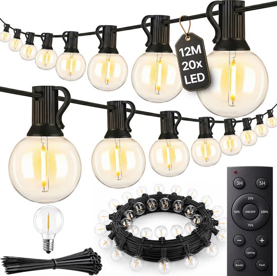 Een set van 20 LED-lichtsnoeren van 12 meter met afstandsbediening en tie wraps.