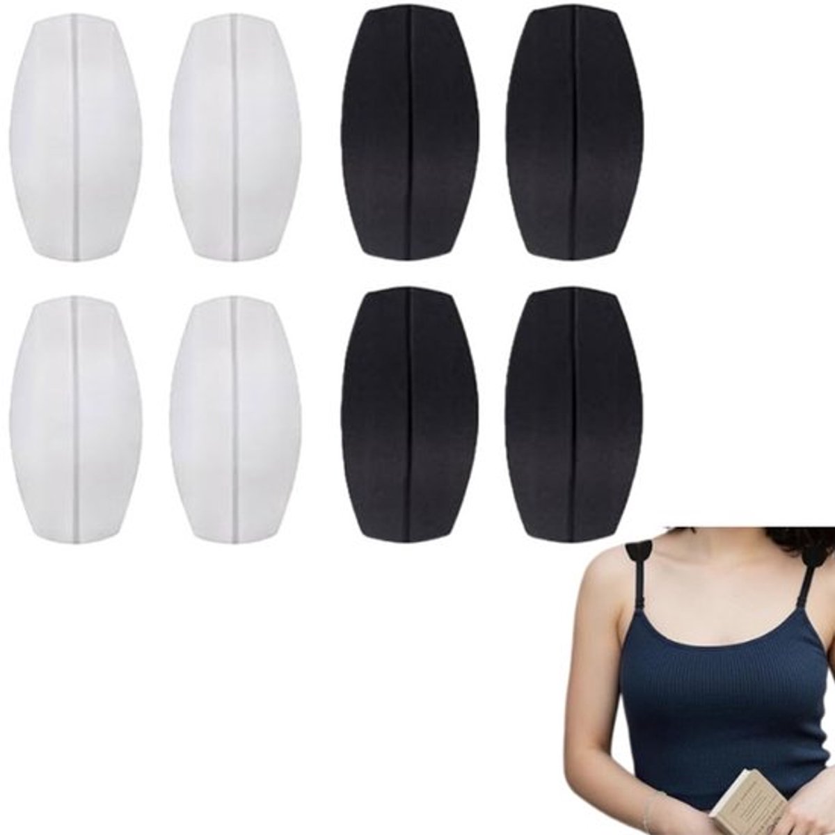 8 stuks - Schouderbandvulling - Antislip schouderbandhouder - Verlicht de druk op de schouders - schurende bh bandjes - schouderpads - siliconen behabandkussen - antislip schoudervullingen - comfortabel en zacht - Wit en zwart – 9×5 cm