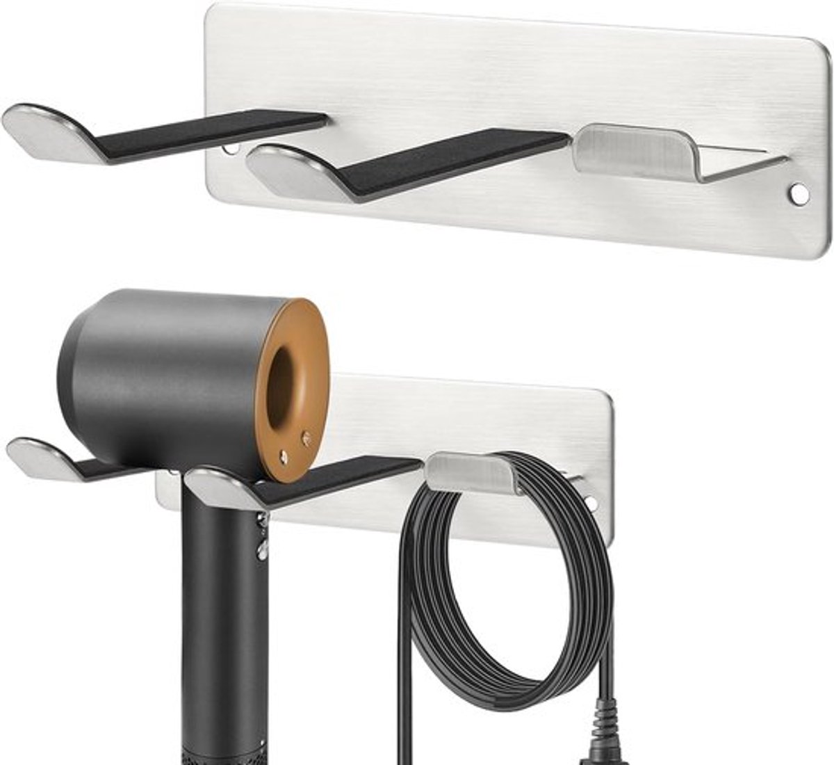 2-delige föhnhouder - 16,5 × 5 cm - Wandplank - RVS beugel - Geschikt voor alle föhns - Ruimtebesparende organizer voor badkamers, slaapkamers, wasruimtes en kapsalons - Zilver