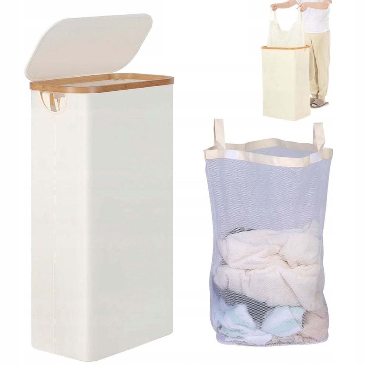 Merkloos Merkloze Bamboe Wasmand met Deksel - 63L - Slim & Opvouwbaar