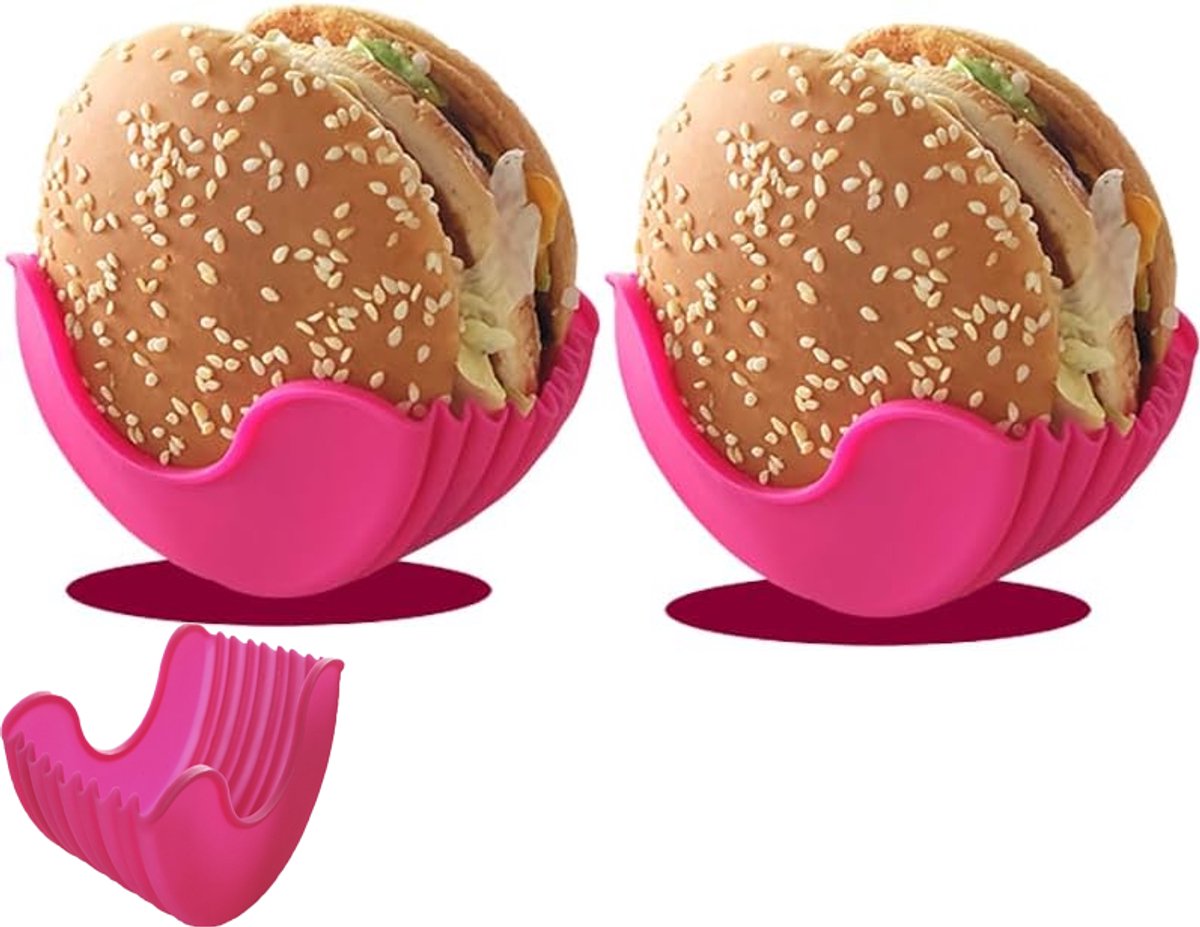 KZQ 2-delige siliconen hamburgerhouder - Antislip en herbruikbaar - Voedselveilig en rommelvrij - Geschikt voor kinderen en volwassenen - Magenta